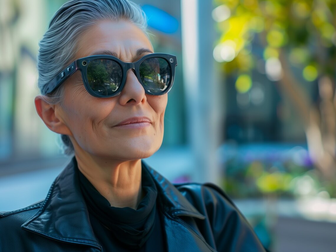 middle aged woman wearing dark AI smatglasses looking off with smile