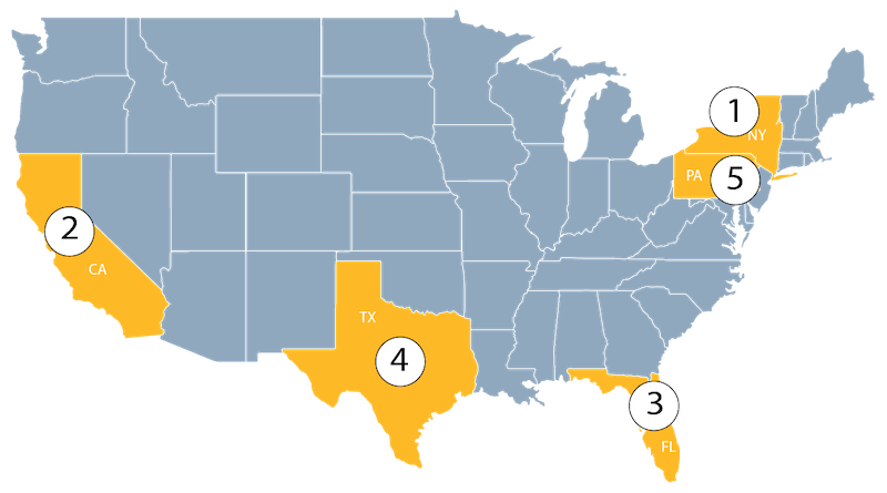 Map of US showing  ADA lawsuits by state