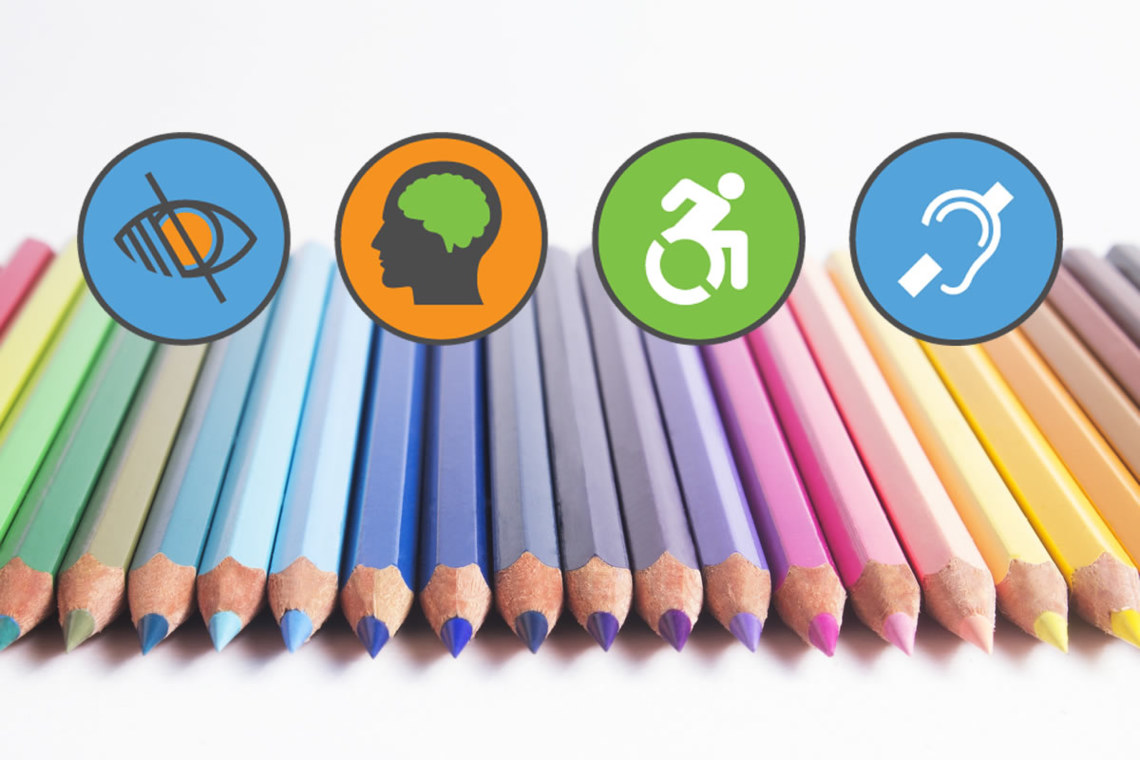 diverse set of colored pencils with web accessibility icons over