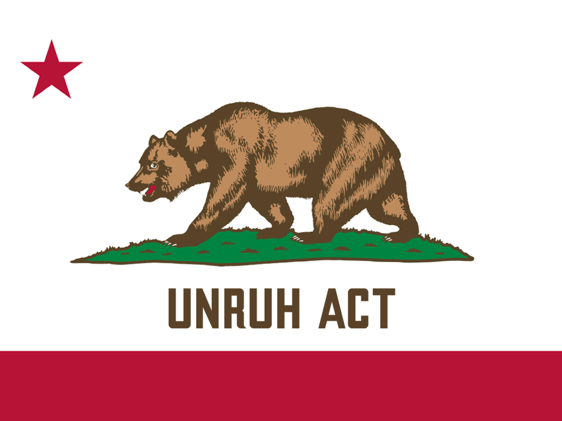 California state flag with red star in corner and brown bear in center. "Unruh" is written beneath the bear.