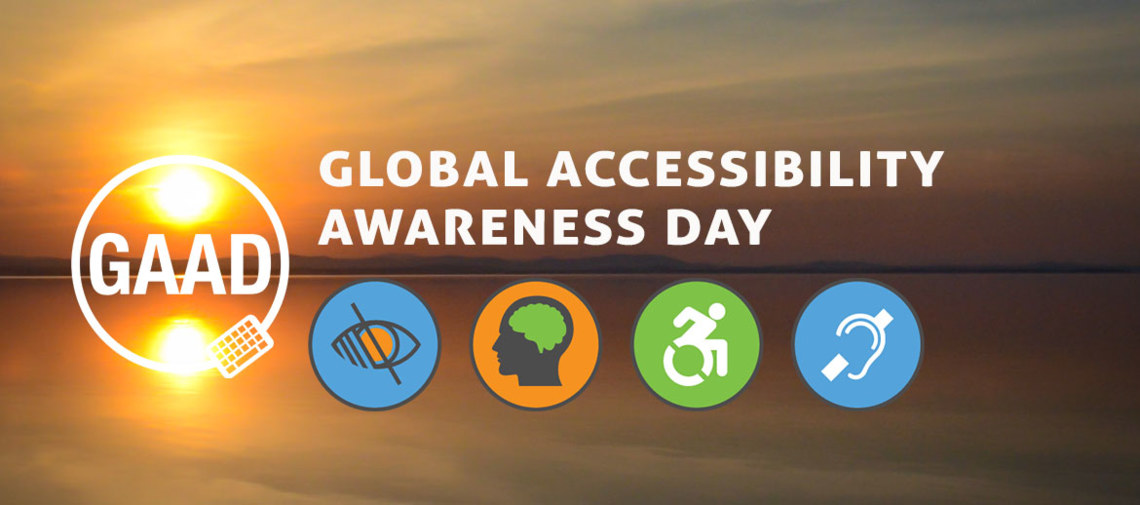 sunrise over lake with Global Accessibility Awareness Day printed across the top with accessibility icons under the horizon