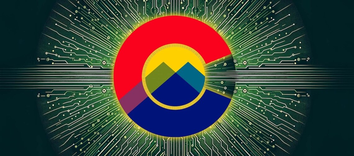 Colorado logo in center of abstract of the web - reflecting compliance guide for CO HB21-1110 requirements for agencies