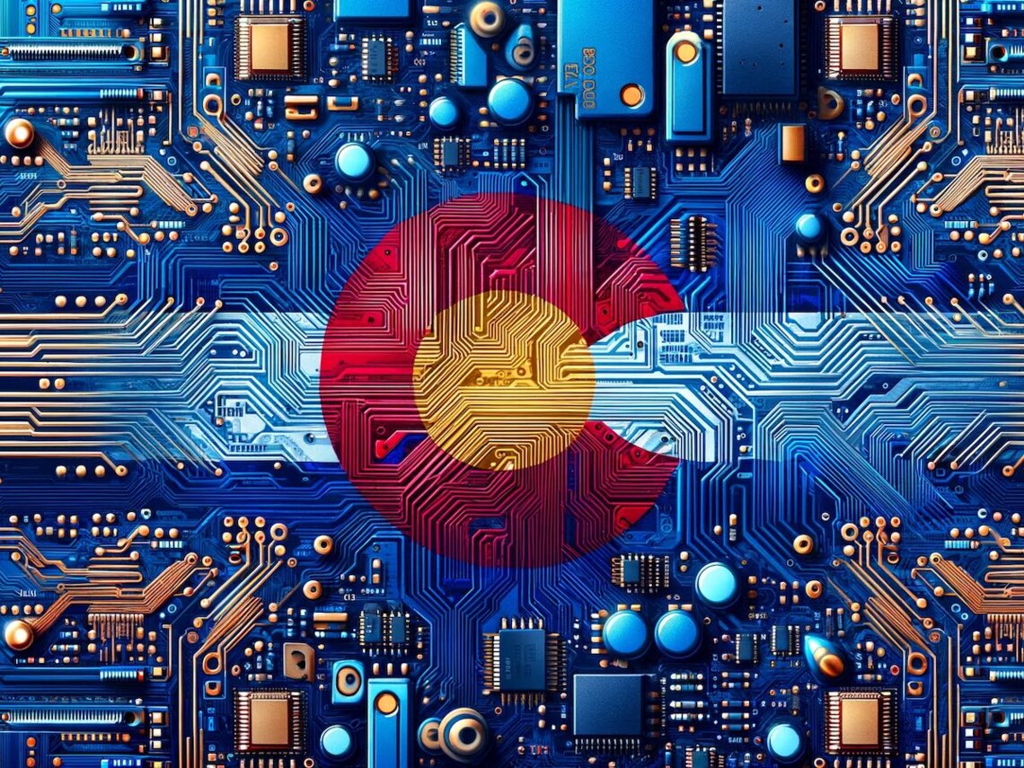 image of Colorado flag imprinted on a circuit board representing Colorado accessibility law HB21-1110 guide blog post