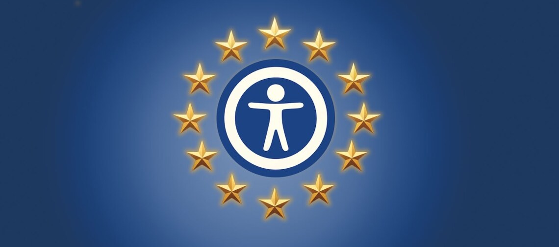 12 stars representing the EU around a round icon for web accessibility on a blue background