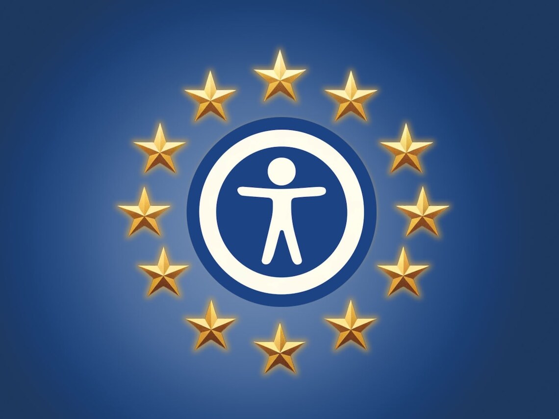 12 stars representing the EU around a round icon for web accessibility on a dark blue back
