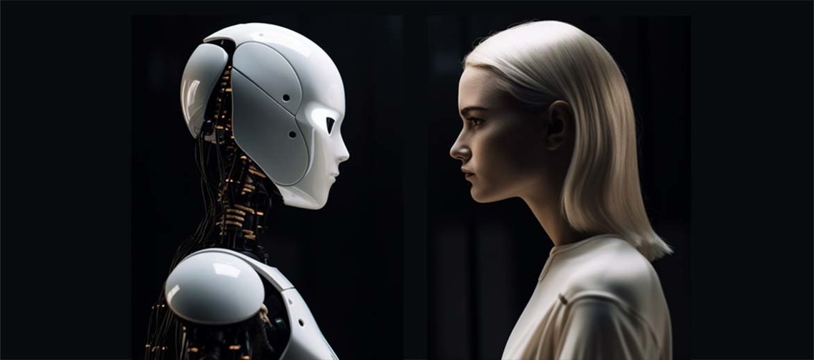 android and woman facing each other to reflect human vs automated wcag testing