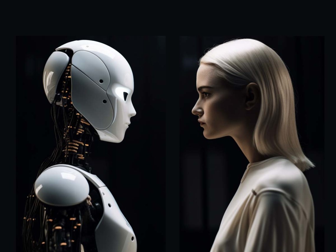 android and blond woman facing each other to reflect human vs automated wcag testing