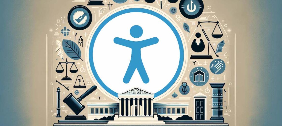 illustration of the symbol for accessibility over the supreme court building plus other icons of accessibility and law