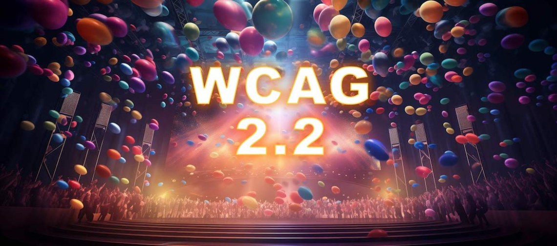 illustration of WCAG 2.2 celebration on stage with fans, balloons and confetti
