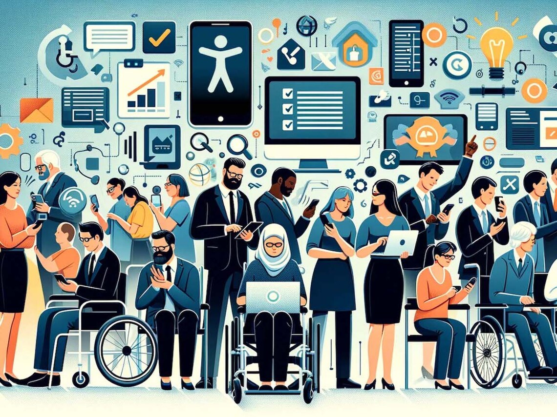 illustration of diverse people with various disabilities plus digital accessibility icons for ADA compliance