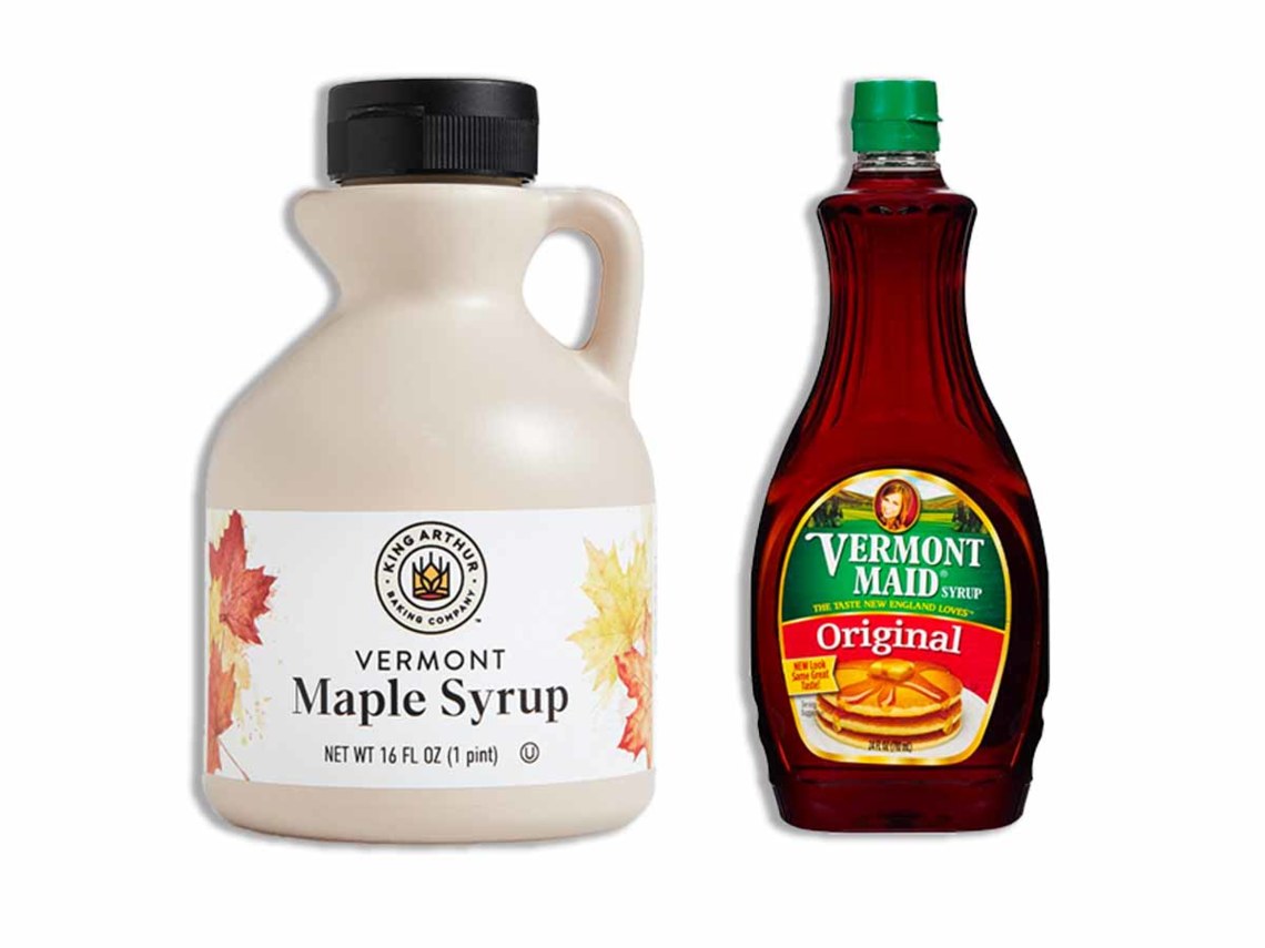 A container of Vermont Maple Syrup next to Vermont Maid fake syrup on white background