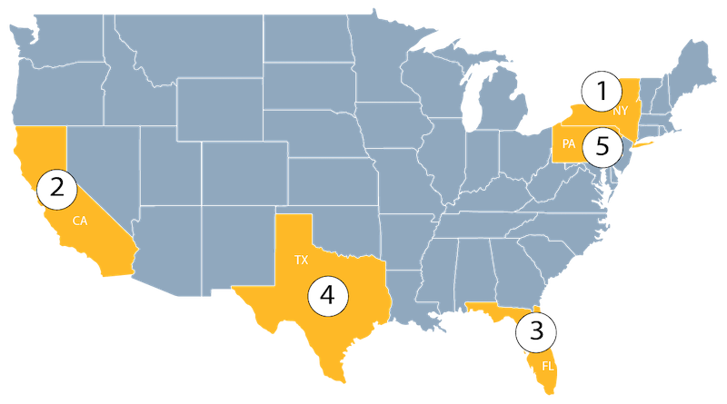 Map of US showing ADA lawsuits by state
